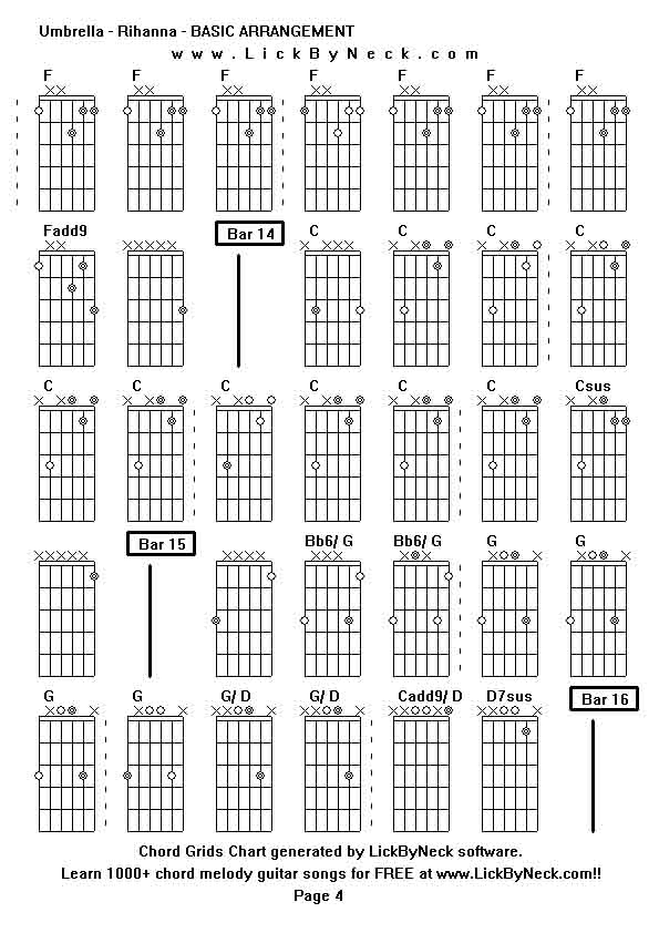 Chord Grids Chart of chord melody fingerstyle guitar song-Umbrella - Rihanna - BASIC ARRANGEMENT,generated by LickByNeck software.